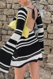 Black Casual Striped Print Frenulum Backless O Neck Flare Sleeve Knitted Sweater Mini Dresses
