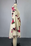 Pink Floral Print V Neck Long Sleeve Belted Front Knotted Tops And Pleated Mini Skirt Vacation Casual Two Pieces Dress Sets