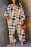 Brown Casual Plaid Print Off Shoulder Long Sleeve Regular Vacation Harem Leg Jumpsuits