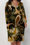 Blue Boho Newspaper Chain Print Pocket V Neck Long Sleeve Casual Outing Plus Size Midi Dresses