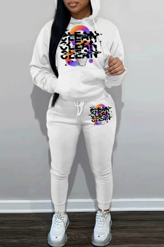 White Black Letter Print Long Sleeve Hooded Sweatshirt and Skinny Pants Casual Sportwear Matching Sweatsuit Set