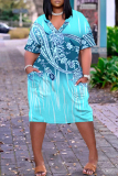 Green Purple Poker Geometric Print V Neck Short Sleeve Women's Casual Outing Straight Loose Fit Plus Size Tunic Midi Dress with Pocket