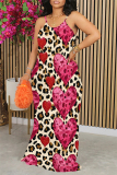 Apricot Leopard Butterfly Love Print Sleeveless O Neck Casual Vacation Baggy Sundress Maxi Slip Dresses
