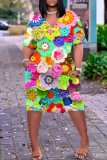 Green Leopard Flowers Letter Print V Neck Short Sleeve Women's Casual Outing Straight Loose Fit Oversized Tunic Midi Dress with Pocket