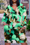 Green Casual Graphics Print Pocket V Neck Long Sleeve Loose Straight Midi Dresses