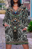 Brown Boho Geometric Flowers Print Pocket V Neck Long Sleeve Casual Outing Plus Size Midi Dresses