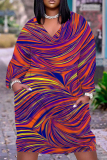 Orange Blue Casual Graphics Print Pocket V Neck Long Sleeve Loose Straight Midi Dresses