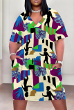 Green Purple Poker Geometric Print V Neck Short Sleeve Women's Casual Outing Straight Loose Fit Plus Size Tunic Midi Dress with Pocket