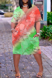 Red Green Graphics Print V Neck Short Sleeve Pocket Casual Loose Straight Midi Dresses