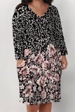 Brown Boho Geometric Flowers Print Pocket V Neck Long Sleeve Casual Outing Plus Size Midi Dresses