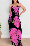 Rose Red Floral Print Sleeveless Backless Spaghetti Strap Floor Length Vacation Baggy Sundress Slip Maxi Dress