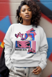 White Black Casual Graphcis Print O Neck Long Sleeve Fall Winter Sweatshirt