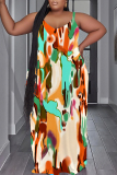 Orange Graphics Print Sleeveless O Neck Casual Vacation Baggy Sundress Maxi Slip Dresses