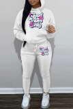 White Black Letter Print Long Sleeve Hooded Sweatshirt and Skinny Pants Casual Sportwear Matching Sweatsuit Set