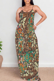 Brown Leopard Print Sleeveless Backless Spaghetti Strap Floor Length Vacation Baggy Sundress Slip Maxi Dress