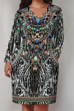 Brown Boho Geometric Flowers Print Pocket V Neck Long Sleeve Casual Outing Plus Size Midi Dresses
