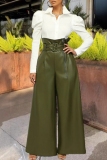 Orange High Waist With Belt Casual PU Leather Wide Leg Pants