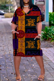 Green Purple Poker Geometric Print V Neck Short Sleeve Women's Casual Outing Straight Loose Fit Plus Size Tunic Midi Dress with Pocket