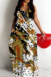 Brown Leopard Print Sleeveless Backless Spaghetti Strap Floor Length Vacation Baggy Sundress Slip Maxi Dress