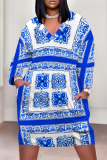 Blue Boho Newspaper Chain Print Pocket V Neck Long Sleeve Casual Outing Plus Size Midi Dresses