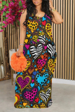 Apricot Leopard Butterfly Love Print Sleeveless O Neck Casual Vacation Baggy Sundress Maxi Slip Dresses