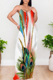 Rose Red Floral Print Sleeveless Backless Spaghetti Strap Floor Length Vacation Baggy Sundress Slip Maxi Dress
