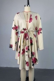 Pink Floral Print V Neck Long Sleeve Belted Front Knotted Tops And Pleated Mini Skirt Vacation Casual Two Pieces Dress Sets