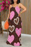 Pink Leopard Heart Pattern Print Sleeveless O Neck Casual Vacation Baggy Sundress Maxi Slip Dresses