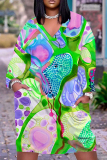 Green Casual Graphics Print Pocket V Neck Long Sleeve Loose Straight Midi Dresses