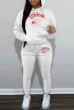 White Black Letter Print Long Sleeve Hooded Sweatshirt and Skinny Pants Casual Sportwear Matching Sweatsuit Set