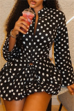 Black Polka Dot Print Zipper Collar Long Sleeve Blouse And Bubble Mini Skirt Vacation Casual Two Pieces Dress Sets