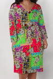 Brown Boho Geometric Flowers Print Pocket V Neck Long Sleeve Casual Outing Plus Size Midi Dresses