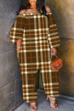 Brown Casual Plaid Print Off Shoulder Long Sleeve Regular Vacation Harem Leg Jumpsuits