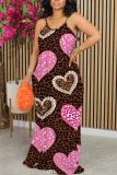 Pink Leopard Heart Pattern Print Sleeveless O Neck Casual Vacation Baggy Sundress Maxi Slip Dresses