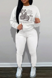 White Orange Graphics Print O Neck Long Sleeve Sweatshirt And Pocket Skinny Pants Sportwear Matching Sweatsuit Set