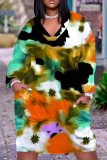 Green Casual Graphics Print Pocket V Neck Long Sleeve Loose Straight Midi Dresses