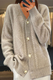Apricot V Neck Long Sleeve Casual Digital Buttons Jacquard Knitted Sweater Coat