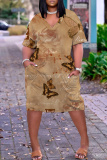 Red Green Graphics Print V Neck Short Sleeve Pocket Casual Loose Straight Midi Dresses