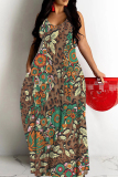Brown Leopard Print Sleeveless Backless Spaghetti Strap Floor Length Vacation Baggy Sundress Slip Maxi Dress