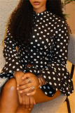 Black Polka Dot Print Zipper Collar Long Sleeve Blouse And Bubble Mini Skirt Vacation Casual Two Pieces Dress Sets