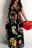 Rose Red Floral Print Sleeveless Backless Spaghetti Strap Floor Length Vacation Baggy Sundress Slip Maxi Dress