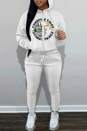White Yellow Graphics Print Long Sleeve Hooded Sweatshirt and Skinny Pants Casual Sportwear Matching Sweatsuit set