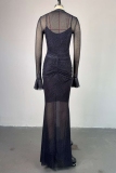 Black Half A Turtleneck Long Sleeve Lace Sheer Ruched Mermaid Hem Maxi Dress and Cami Dress Formal Evening Party Prom Two Pieces Dress Sets