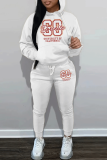 White Black Letter Print Long Sleeve Hooded Sweatshirt and Skinny Pants Casual Sportwear Matching Sweatsuit Set