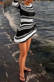 Black Casual Striped Print Frenulum Backless O Neck Flare Sleeve Knitted Sweater Mini Dresses