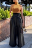 Orange High Waist With Belt Casual PU Leather Wide Leg Pants