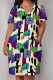 Green Purple Poker Geometric Print V Neck Short Sleeve Women's Casual Outing Straight Loose Fit Plus Size Tunic Midi Dress with Pocket