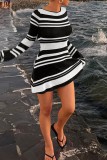 Black Casual Striped Print Frenulum Backless O Neck Flare Sleeve Knitted Sweater Mini Dresses