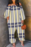 Brown Casual Plaid Print Off Shoulder Long Sleeve Regular Vacation Harem Leg Jumpsuits