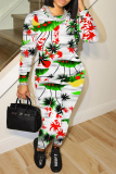 Army Green Floral Print O Neck Long Sleeve Sweatshirt And Skinny Pants Sportwear Casual Two Pieces Jogger Sets